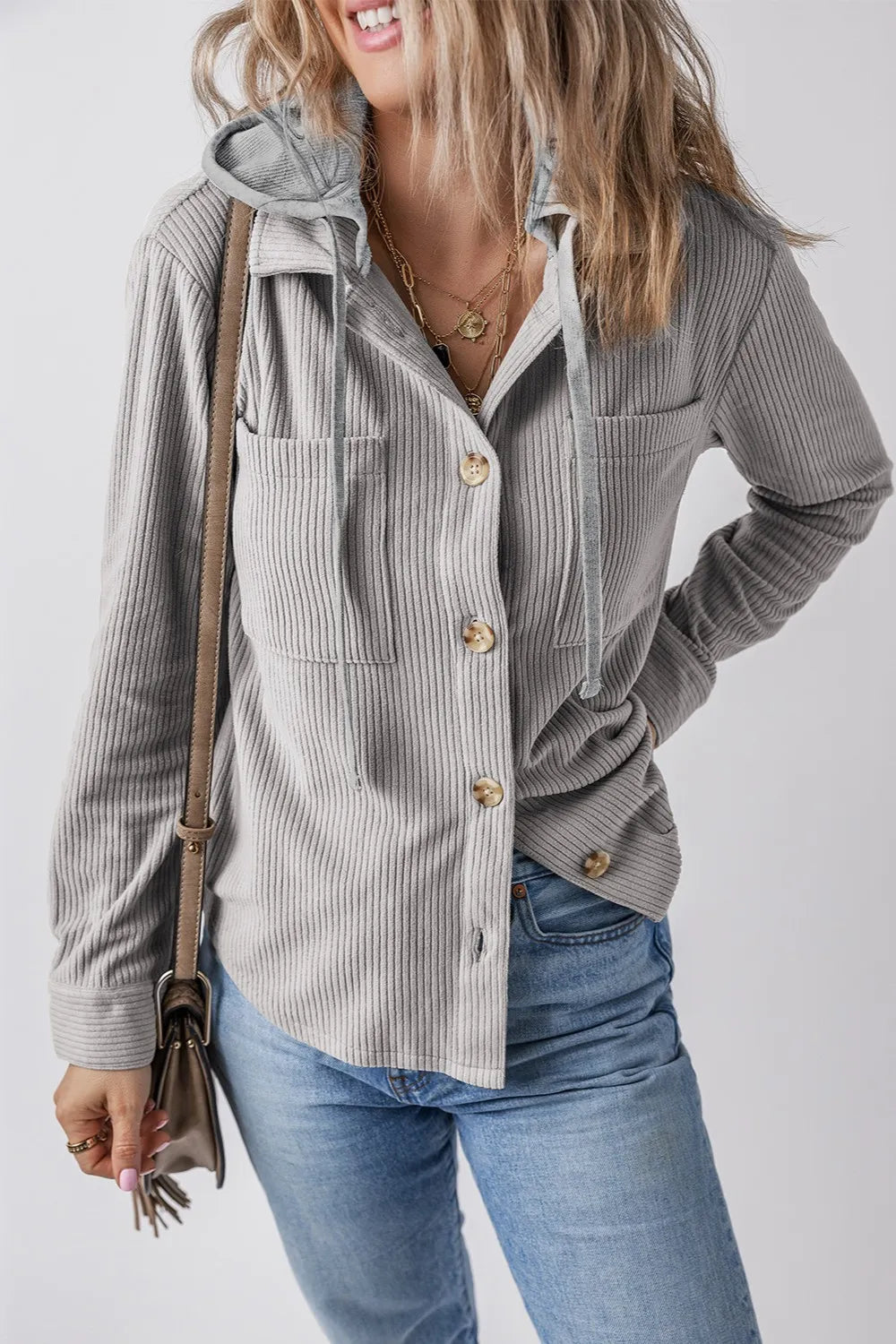 Gray ribbed button-up hooded jacket with drawstring and long sleeves