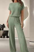 Sage ribbed knit round-neck short-sleeve jumpsuit with wide legs