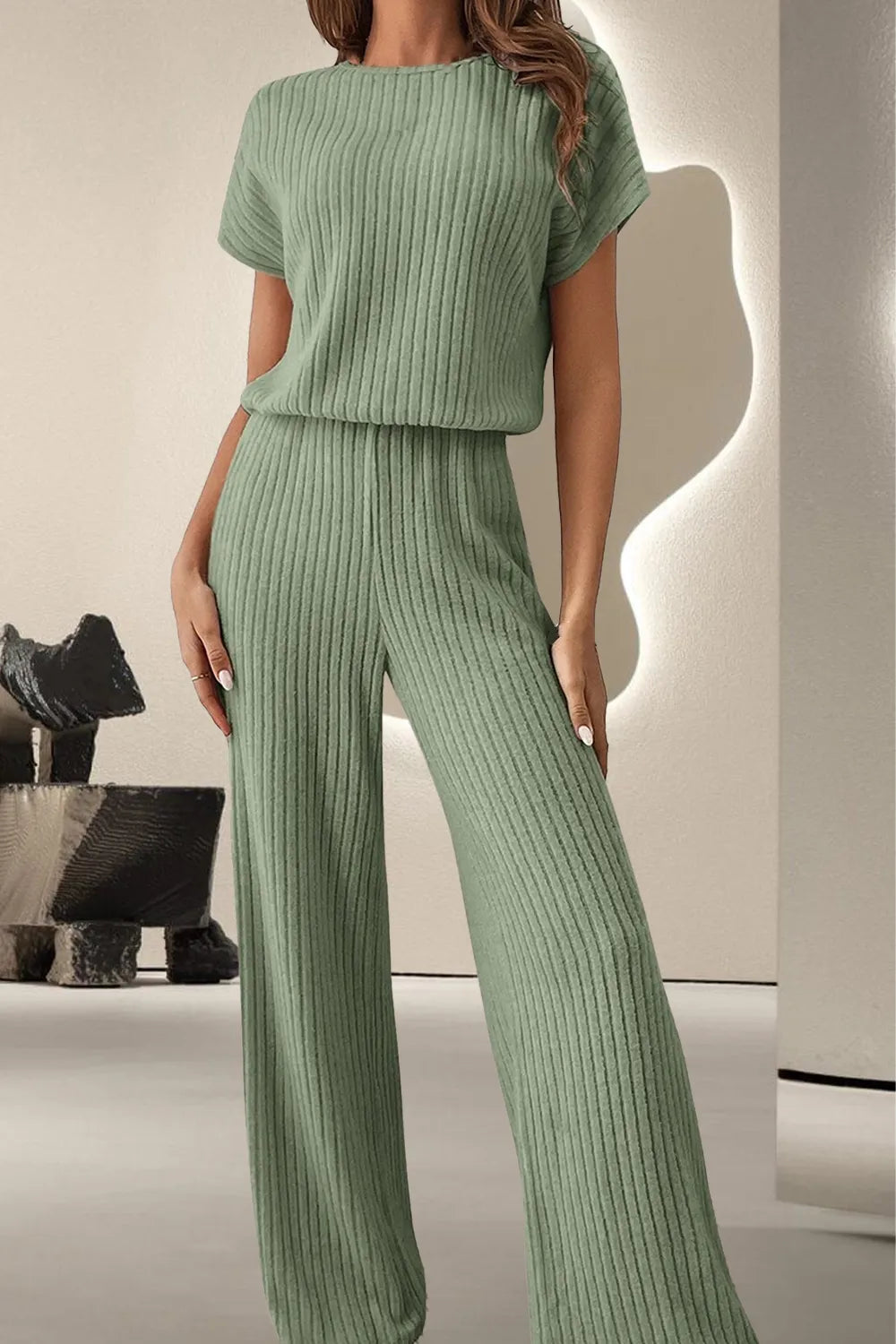 Sage ribbed knit round-neck short-sleeve jumpsuit with wide legs