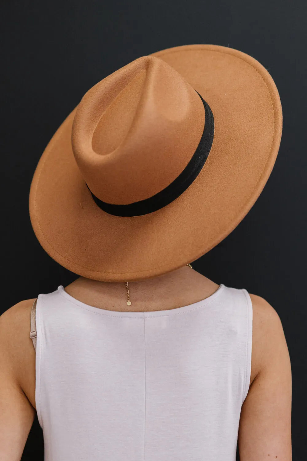 Khaki fedora hat viewed from back, black band detail