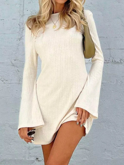 Backless long sleeve mini dress, cream, round neckline, flared sleeves