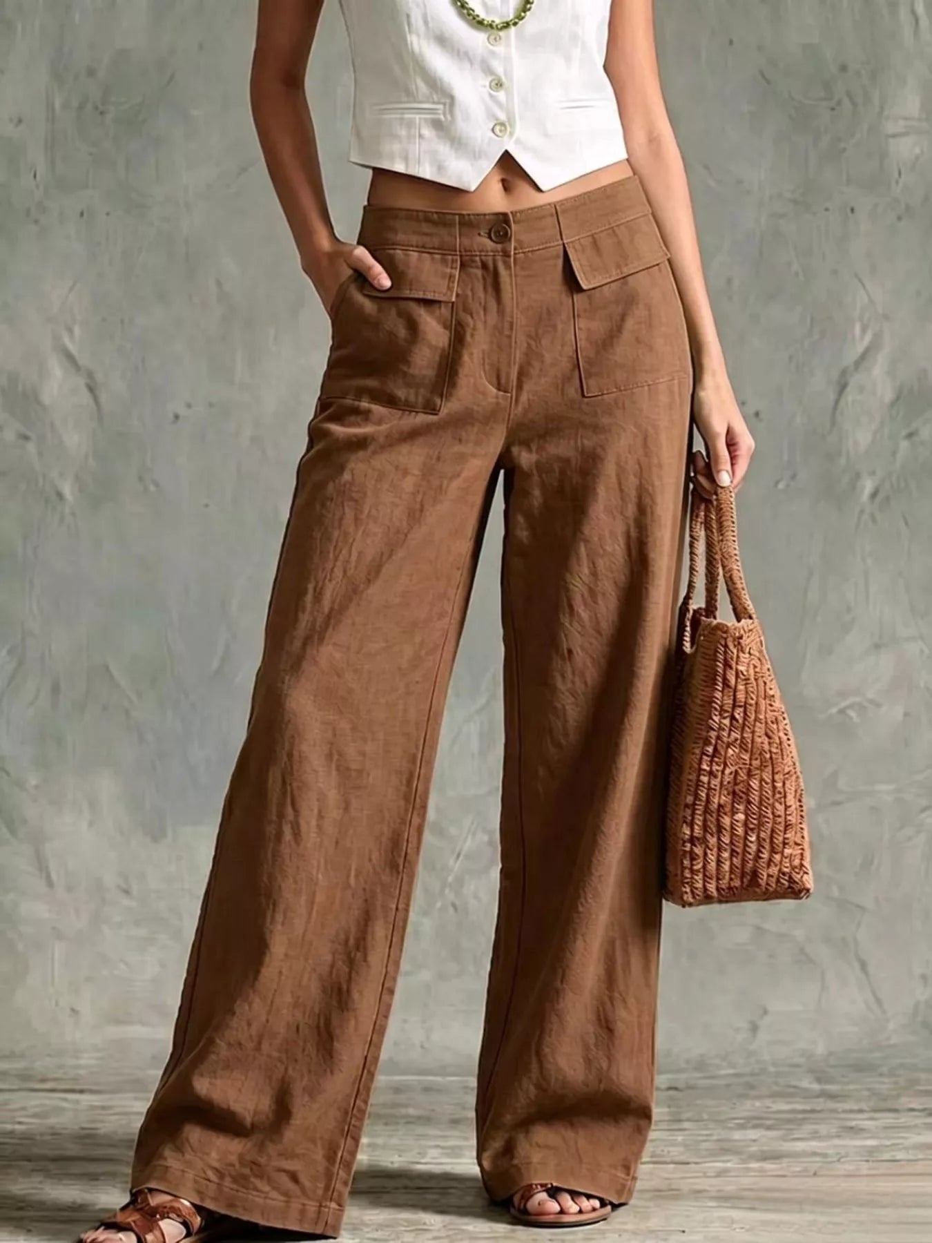 Women’s wide-leg pants with pockets, tan-brown, button front, relaxed wide-leg design
