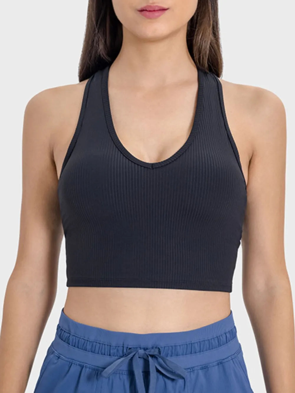 Scoop neck wide-strap active tank, dark ribbed knit front