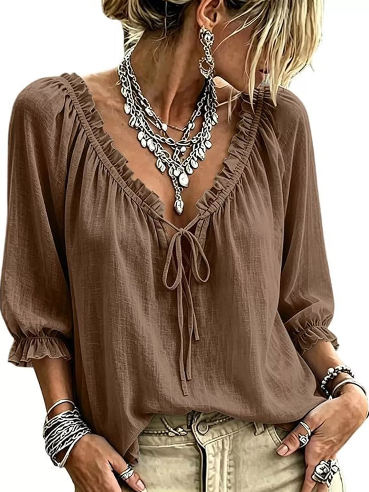 Coffee brown frill tie-neck three-quarter sleeve blouse with bow placket and ruffle trim