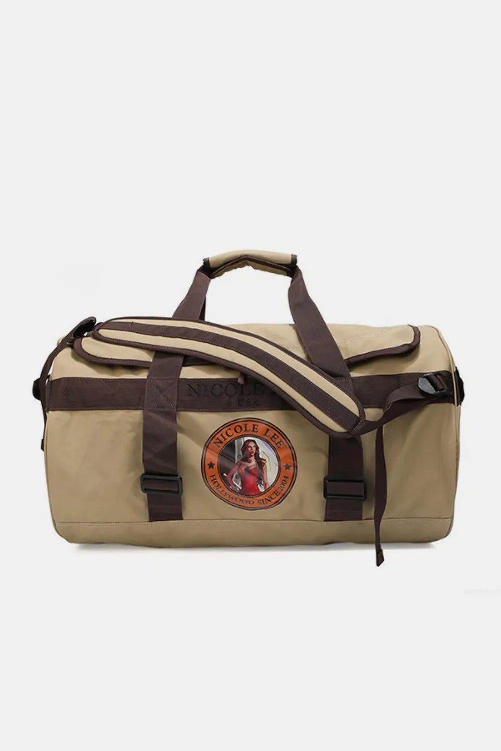 Beige large duffel bag with front emblem patch and dark shoulder strap