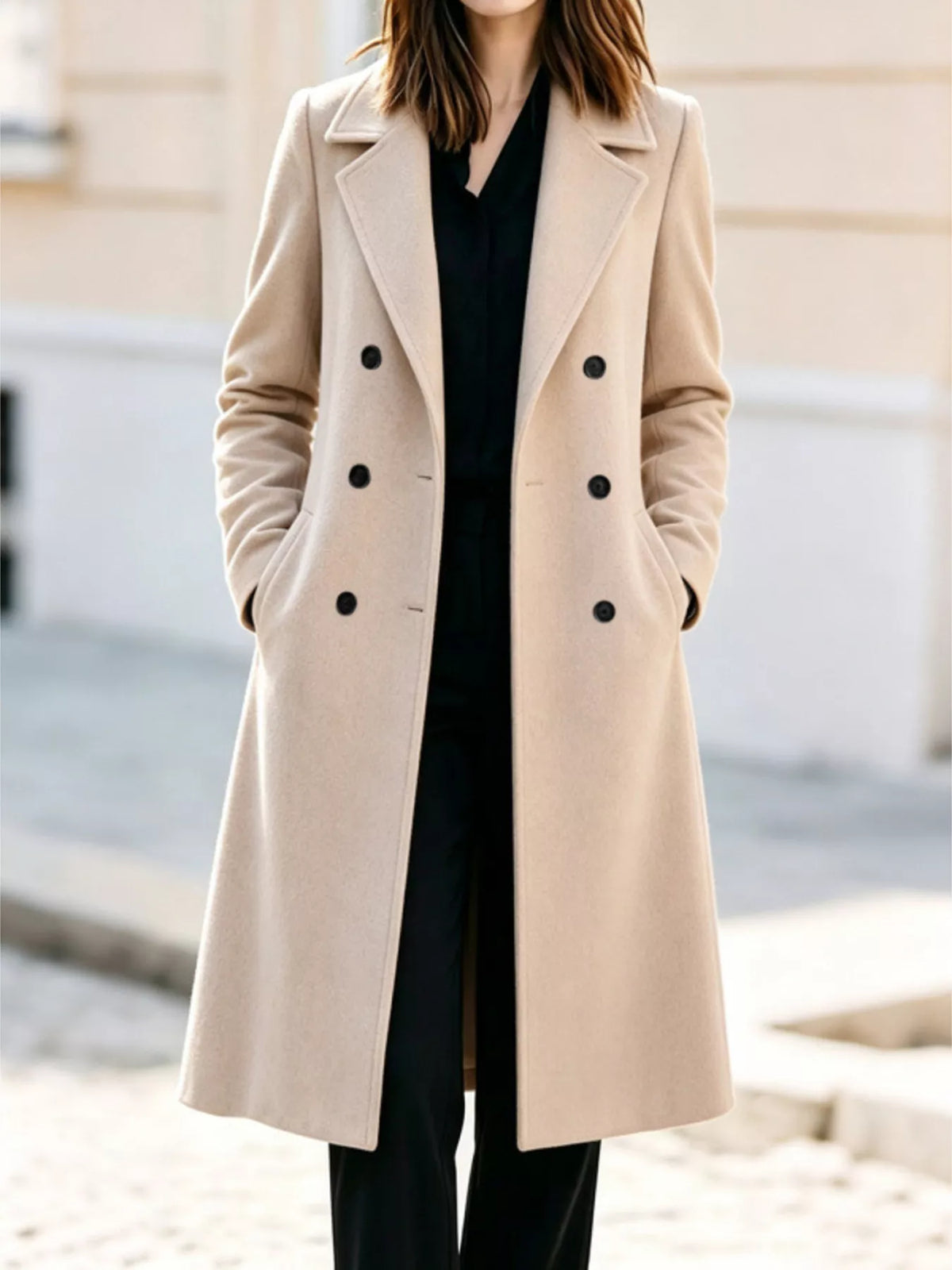 Beige double-breasted wool coat with notch lapels and button front
