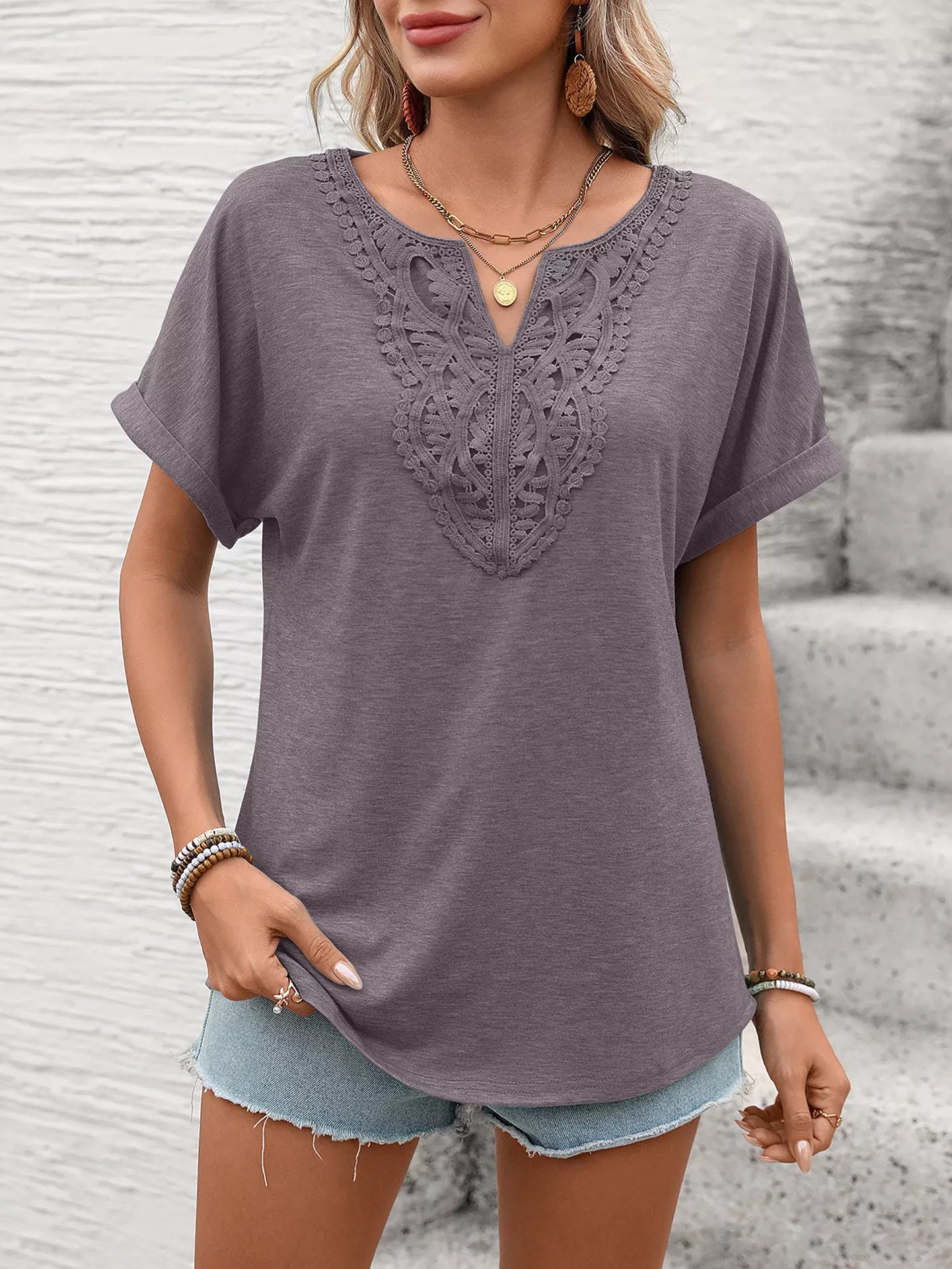 Lace-trim short-sleeve t-shirt in dark purple with embroidered lace V-neck