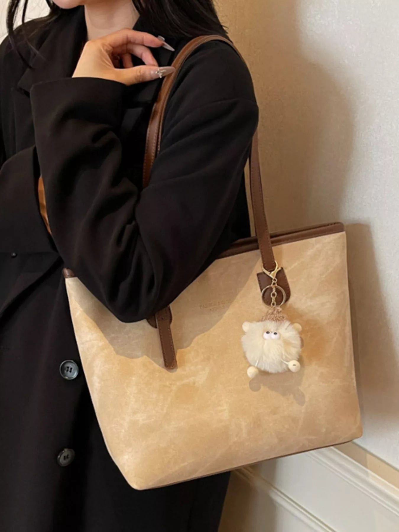 Shoulder bag beige PU with brown straps and fluffy plush charm