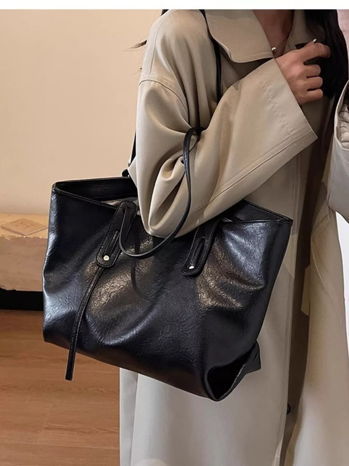 PU Leather Shoulder Bag, large black bag with top handles, Trendsi