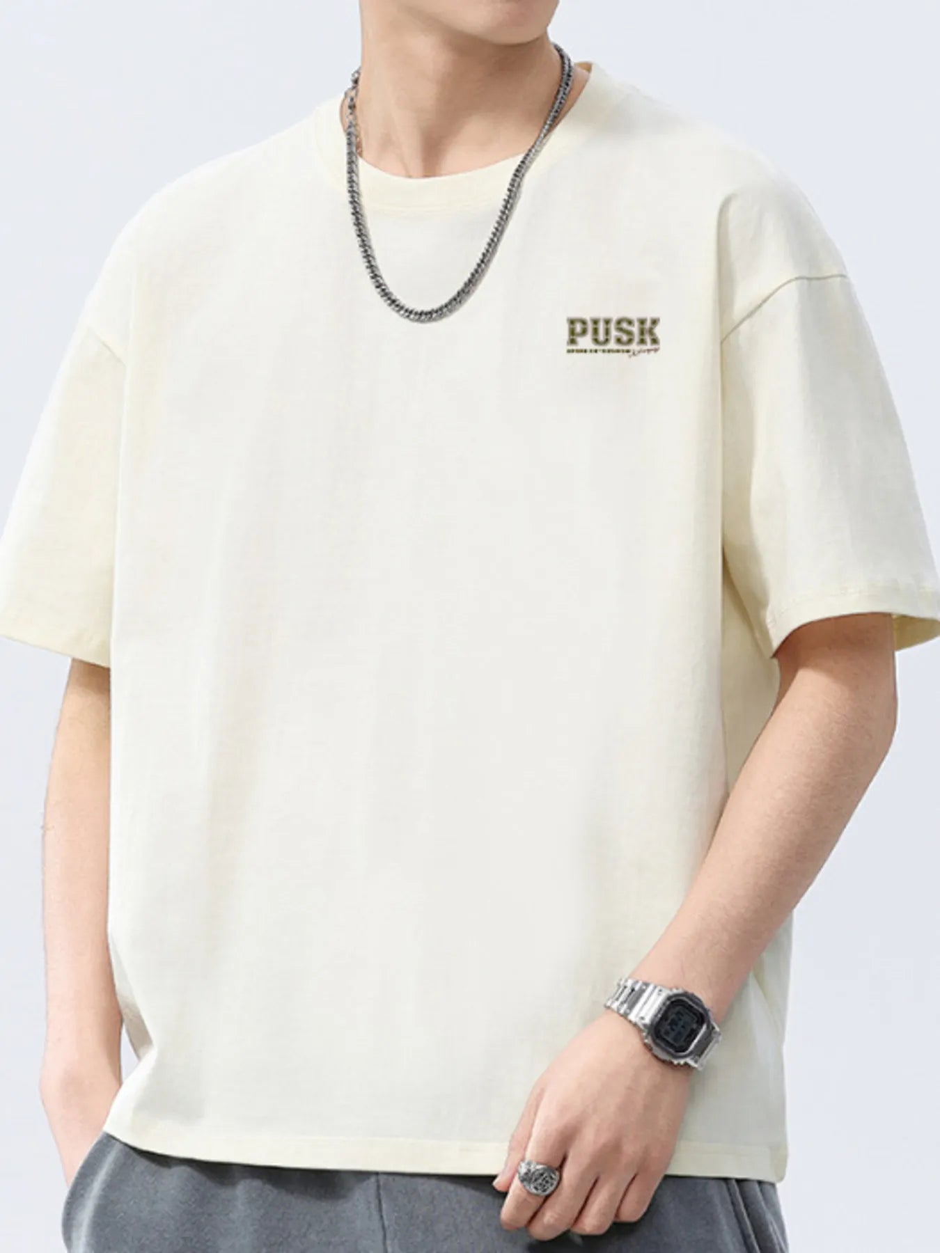 Off-white men's short-sleeve crewneck T-shirt with small chest logo.