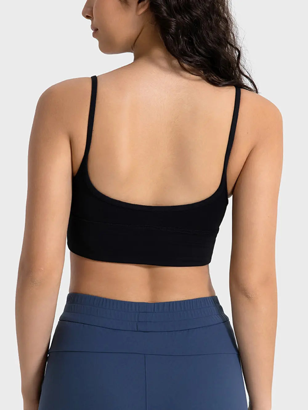 Black spaghetti strap sport bra, racerback design, scoop back