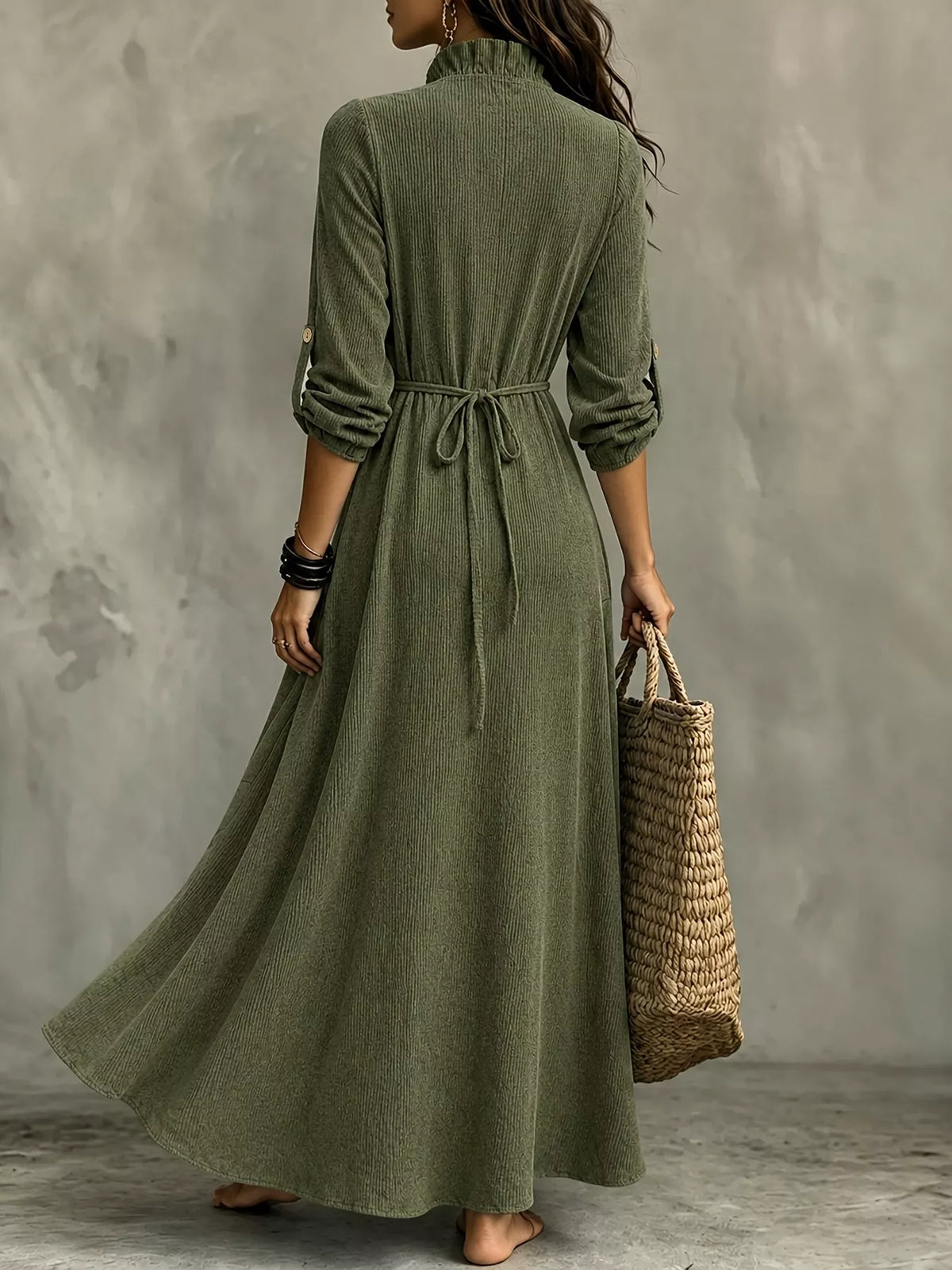 Olive green tied frill V-neck maxi dress, back view, waist tie, ankle-length skirt