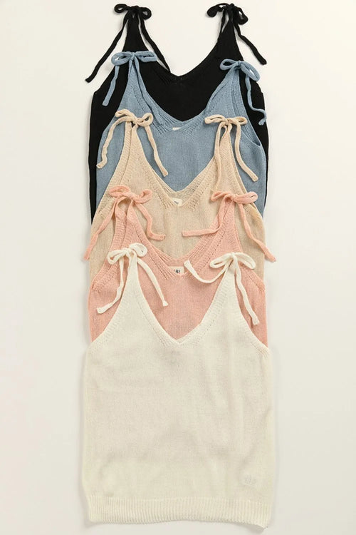 BiBi tied-shoulder solid knit tops, assorted colors with lace-up shoulder straps