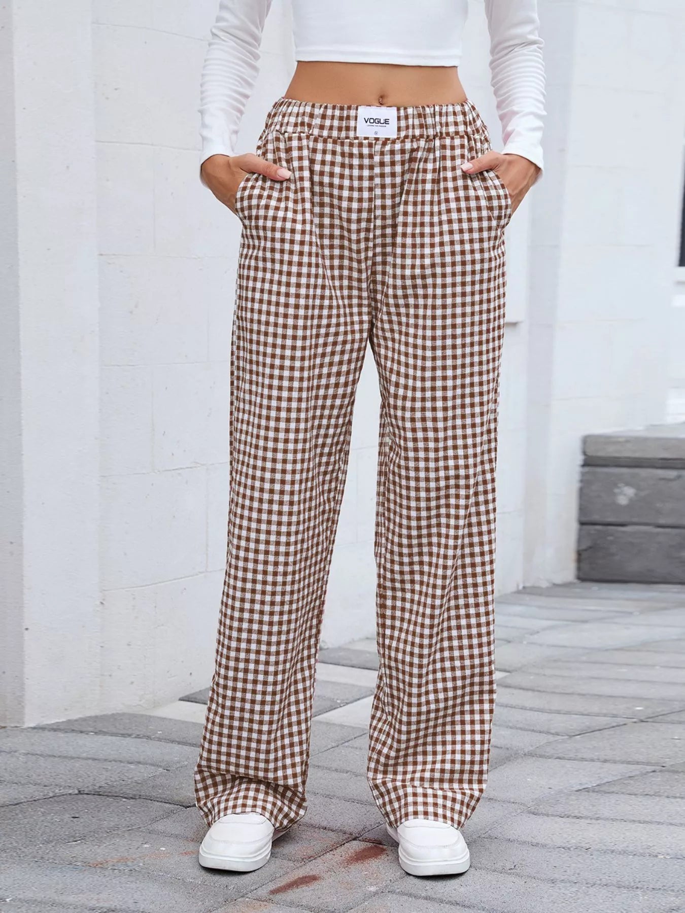 Plaid wide-leg casual pants in brown and cream, back view with elastic waist.