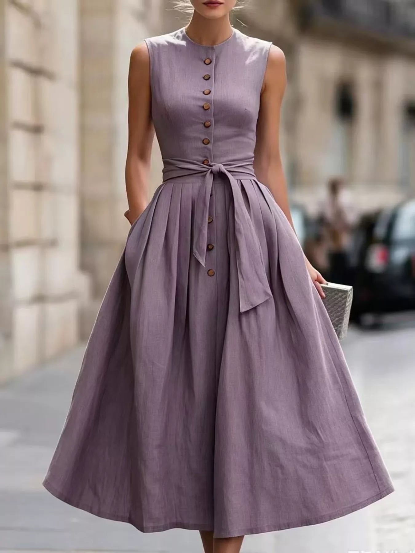 Lavender sleeveless midi dress, button front, waist tie belt, voluminous gathered skirt.