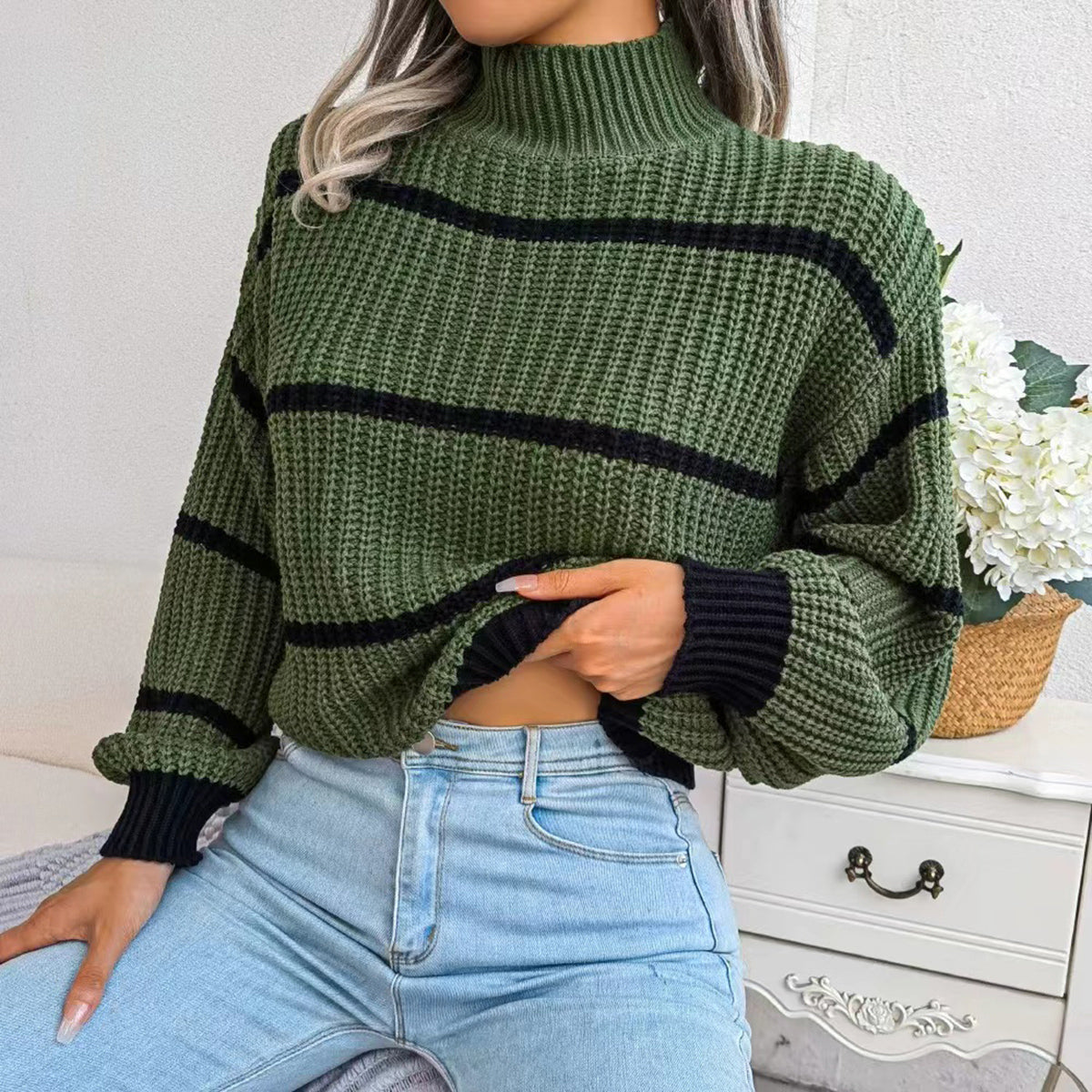 Mock neck striped knit sweater green with black horizontal stripes, ribbed cuffs and hem
