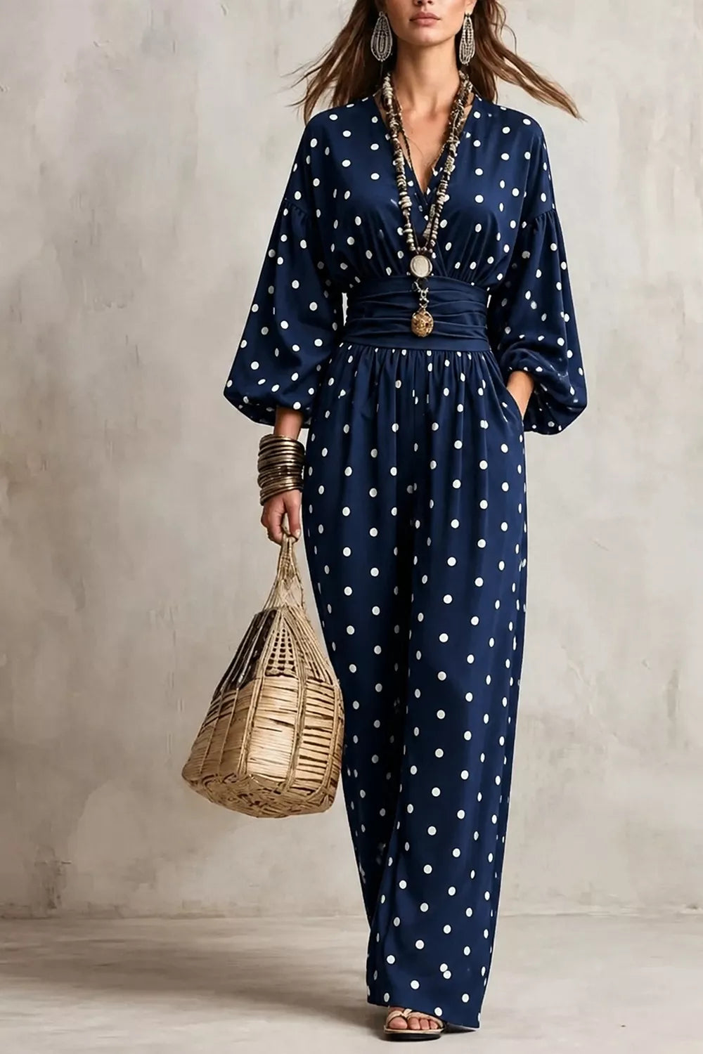 Navy polka-dot wide-leg pocketed jumpsuit, V-neck, long balloon sleeves, waist tie