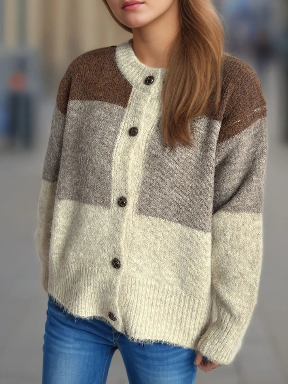 Color block round neck button-up cardigan, brown and gray panels with cream center
