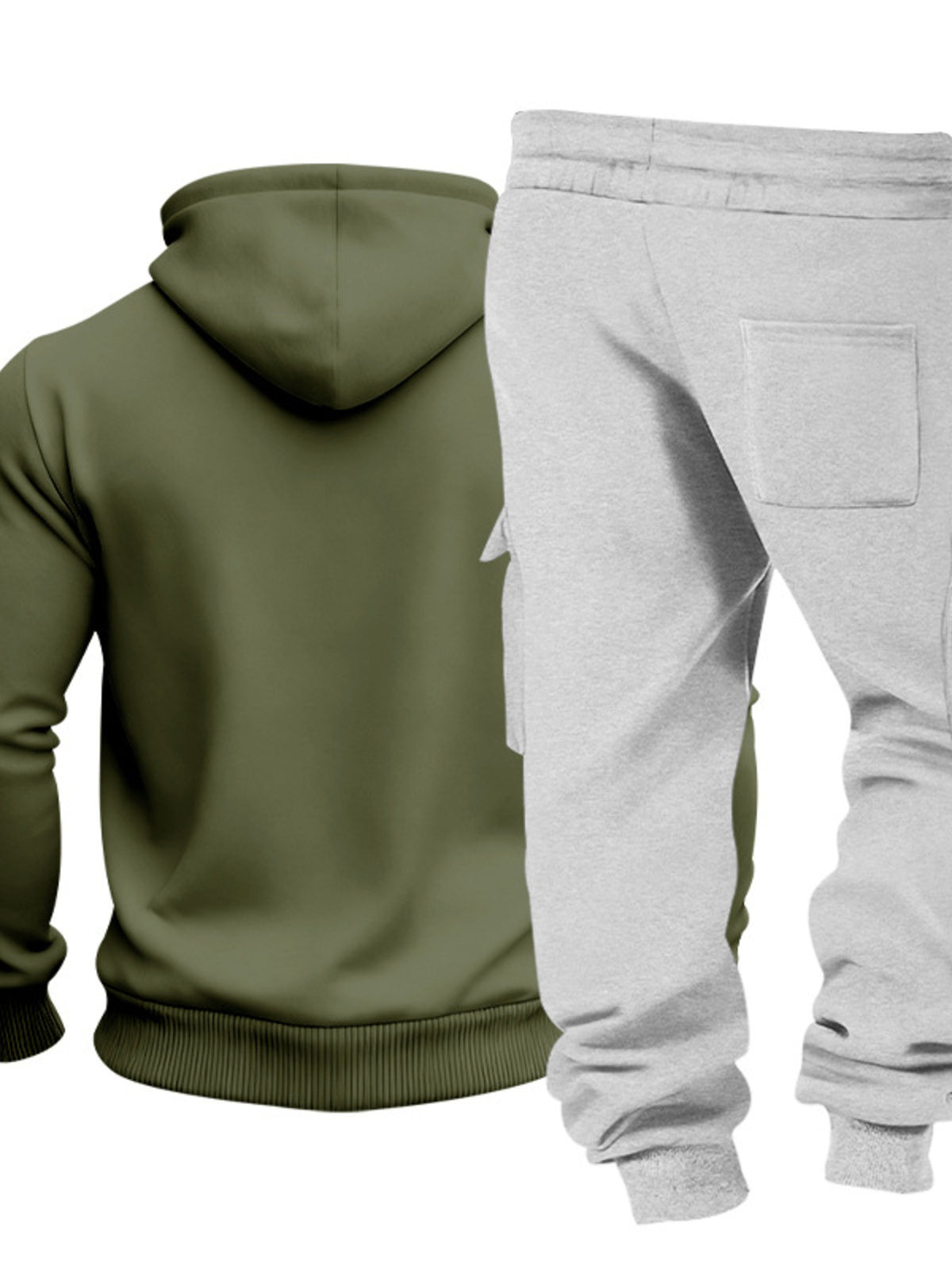 Two-piece kangaroo hoodie set: army green hoodie sleeve and light gray cargo pocket pants