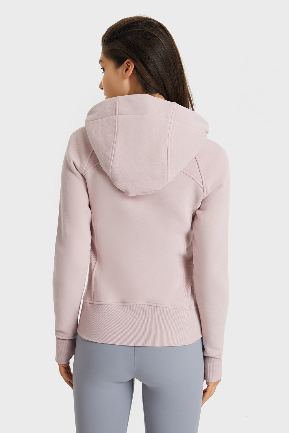 Dusty pink zip-up hooded sports jacket with seam detail, full zipper (back)