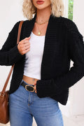 Black solid open-front cardigan with textured knit and long sleeves