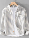 Men's plus size gingham button-up shirt, gray and white check, long sleeves