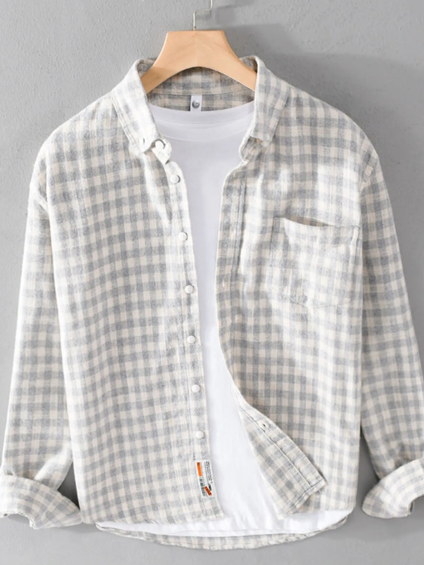 Men's plus size gingham button-up shirt, gray and white check, long sleeves