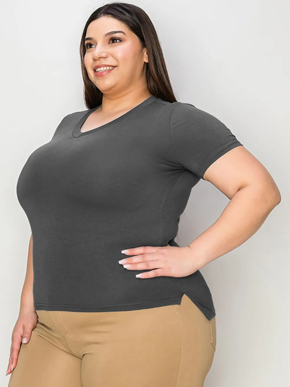 Cedar & Moore Basic Bae Full Size V-Neck High-Low T-Shirt in charcoal gray with side slit, plus-size.