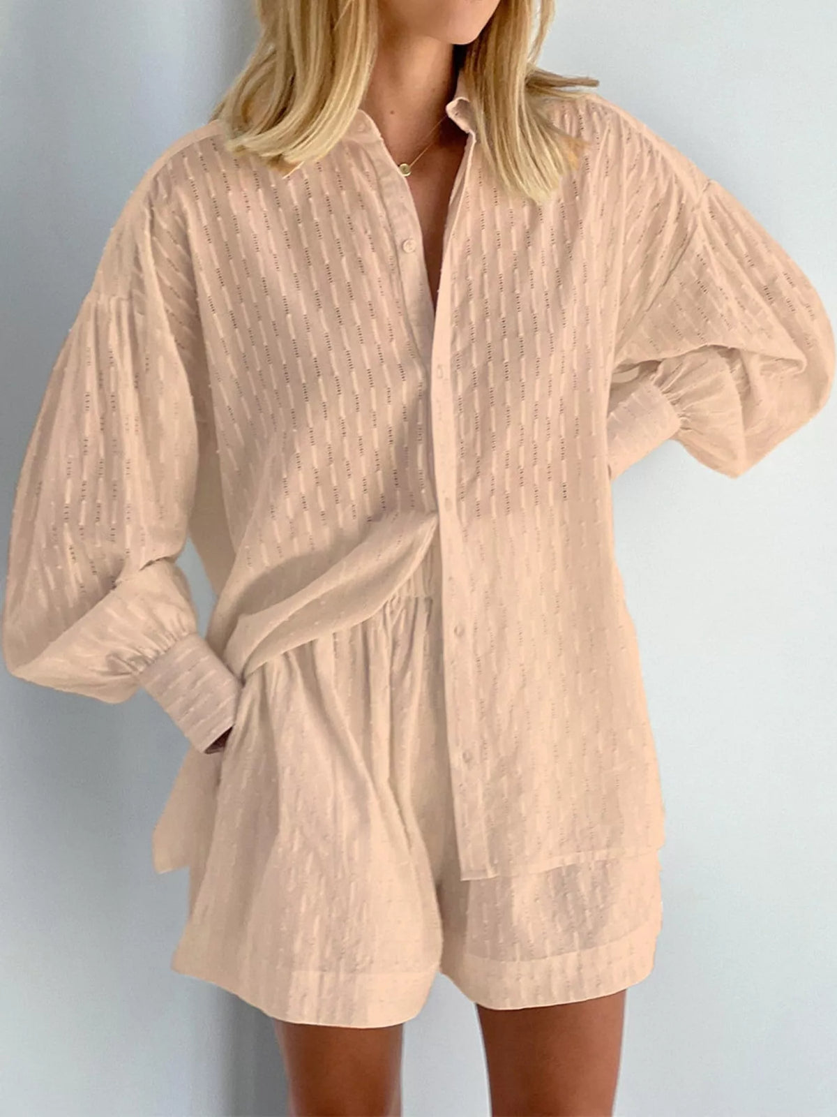 Blush pink textured button-down shirt and matching shorts set, long sleeves and button front