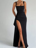Black square-neck ruched maxi dress with side slit and spaghetti straps