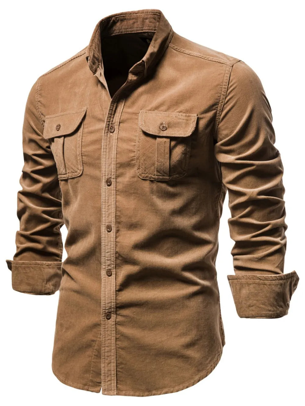 Men's camel brown button-down collared shirt with flap chest pockets and long sleeves