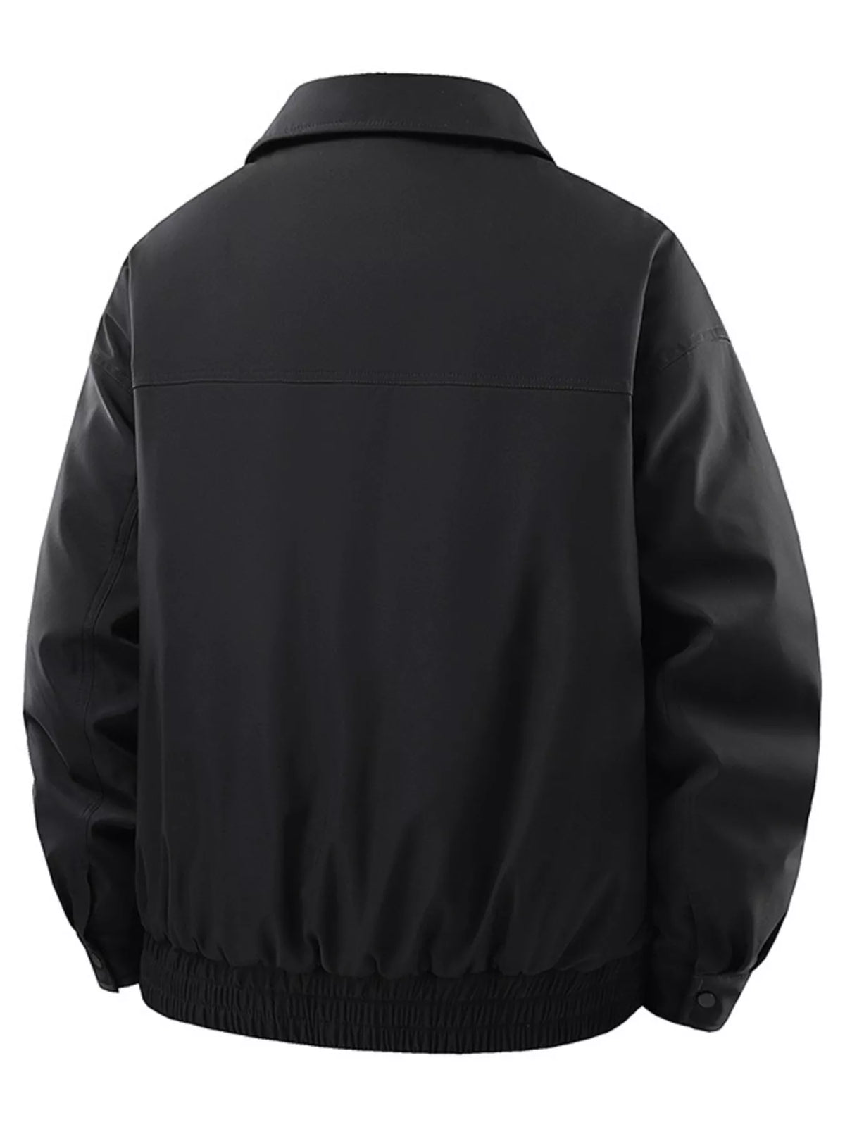 Men's black casual zip jacket, back view with ribbed waistband and cuffs