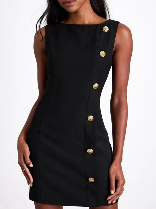 Black sleeveless mini dress with gold button front and round neckline