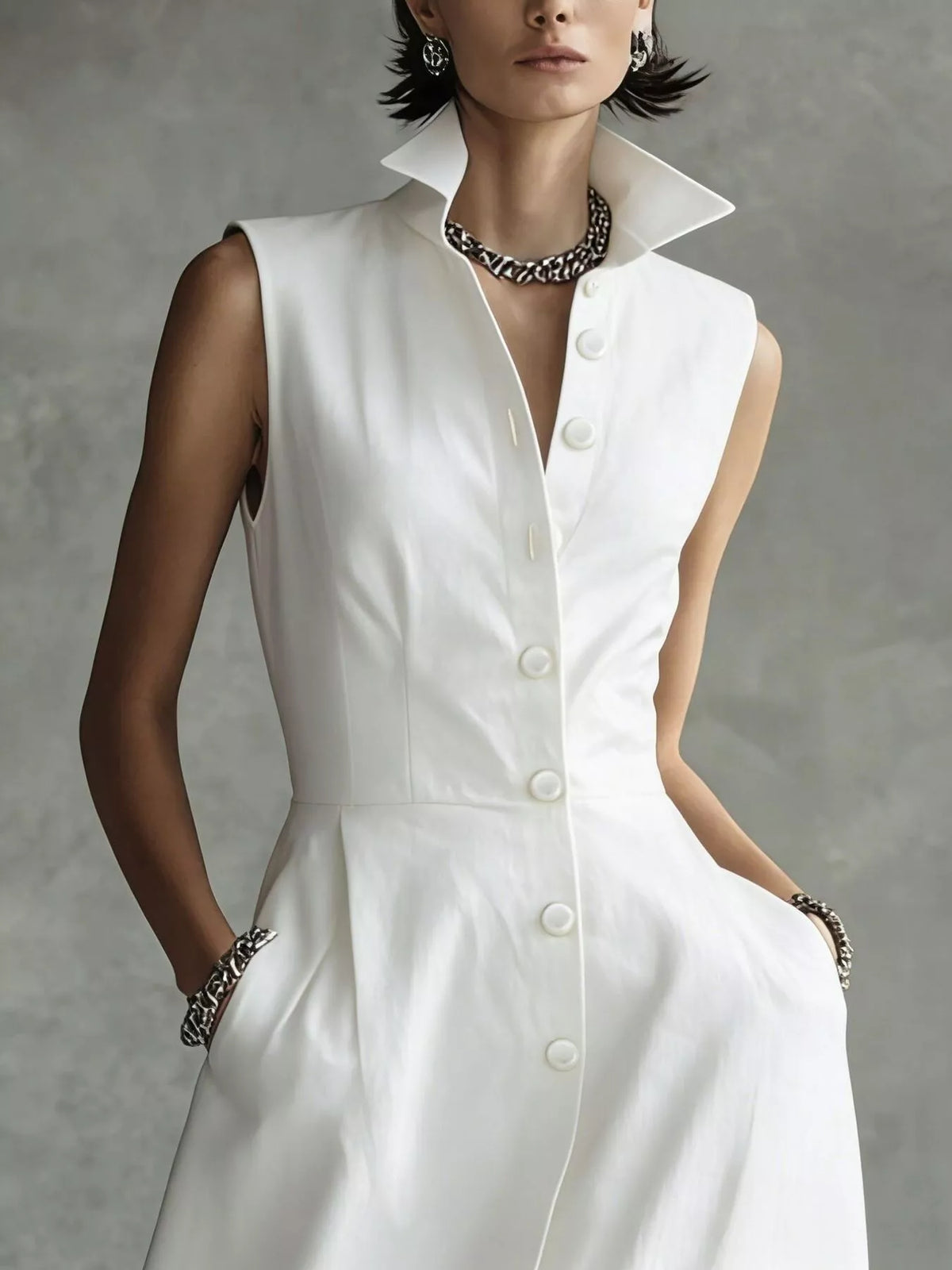 White sleeveless button shirt dress with pointed collar and front placket with round buttons.