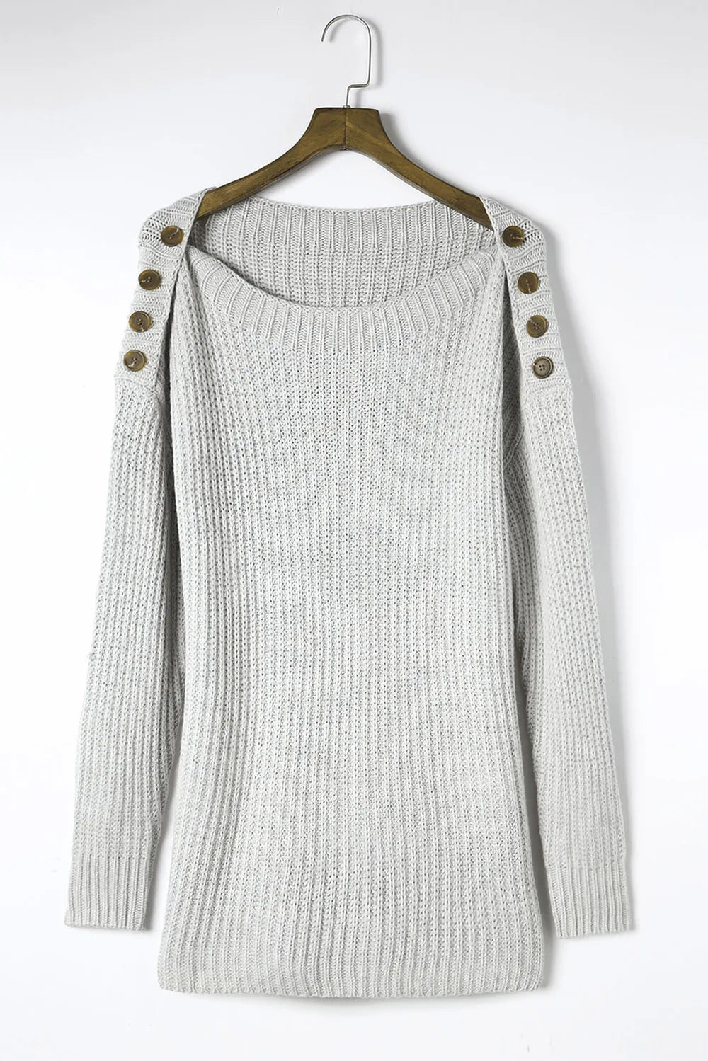 Light gray sweater on hanger, boat neck with open back and gold-button shoulder ties