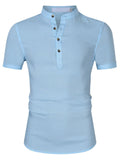 Men's light blue polo shirt with buttoned placket and short sleeves