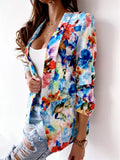 Floral print open-front blazer with patch pockets, multicolor blue/pink, 3/4 sleeves