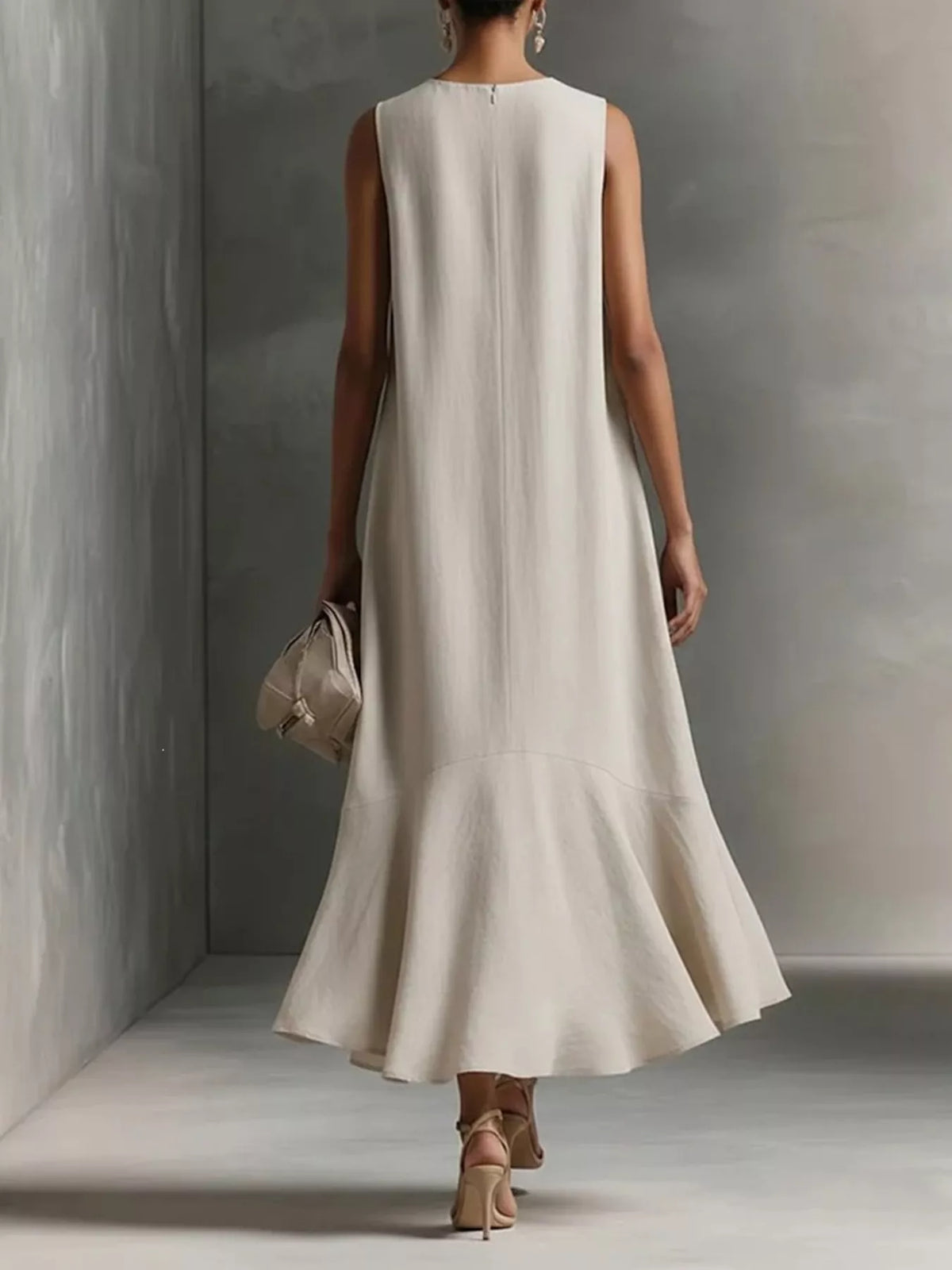 White sleeveless summer dress, V-neck back and ruffled high-low hem