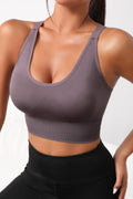 Mauve longline active bra with scoop neckline and ribbed hem
