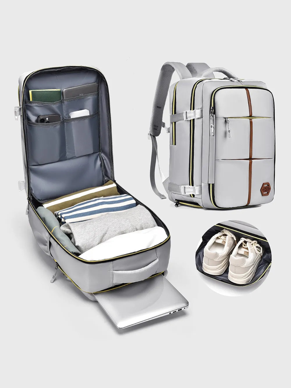 Multifunction backpack bag with open padded organizer panel and included inner pouch