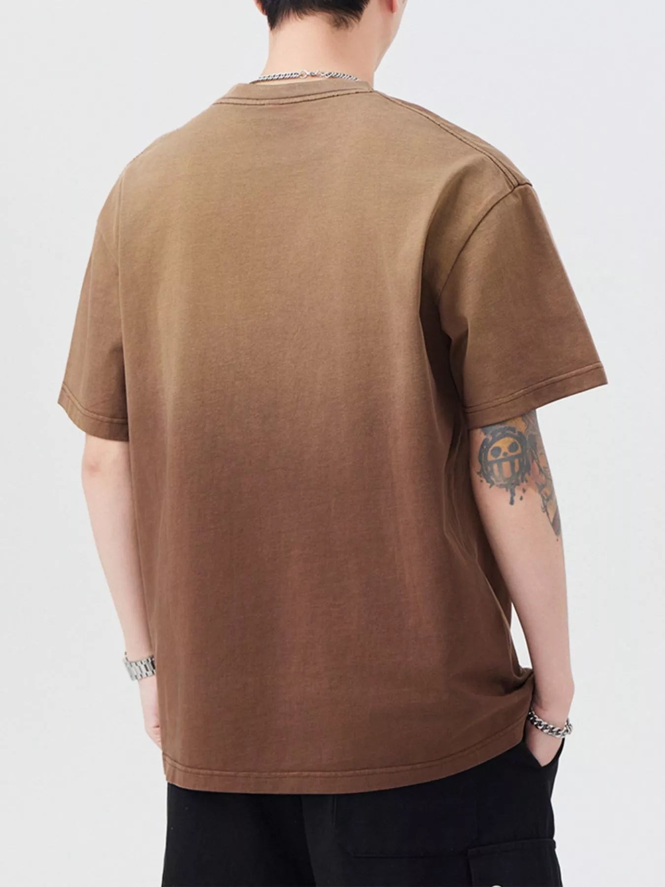Brown crewneck short-sleeve T-shirt, back view