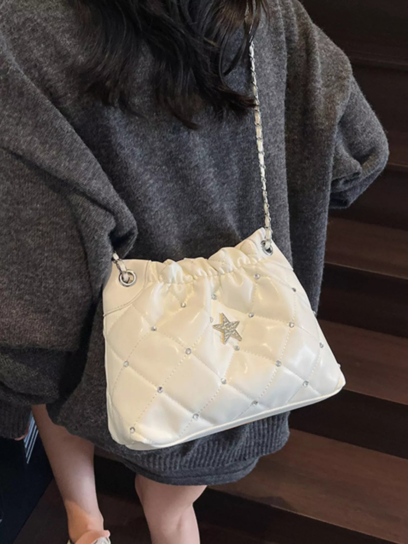 Quilted Rhinestone Star Decor Shoulder Bag by Trendsi, white PU with chain strap