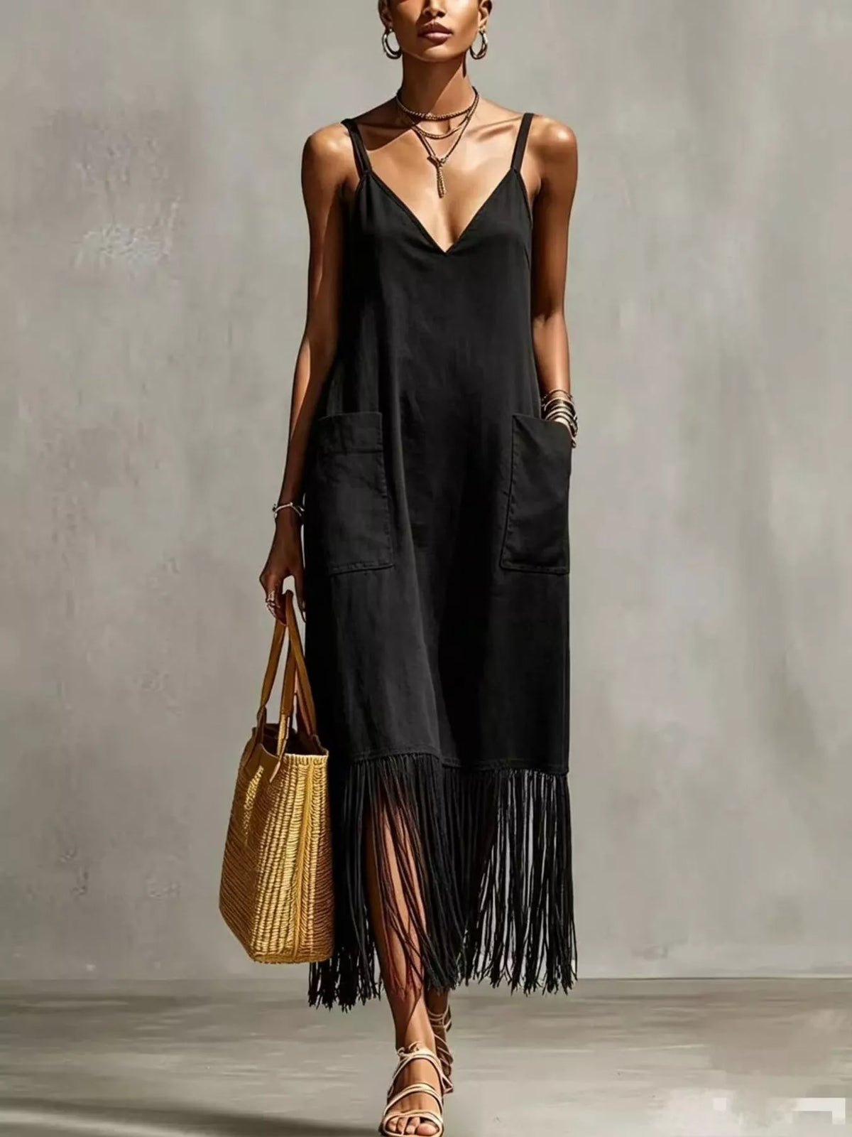 Black V-neck spaghetti strap dress with two front pockets and fringe hem