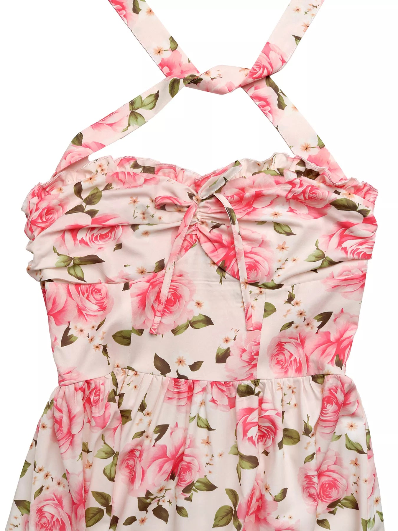 Cedar & Moore Floral print halter-neck midi dress with pink roses, smocked bodice and tie detail