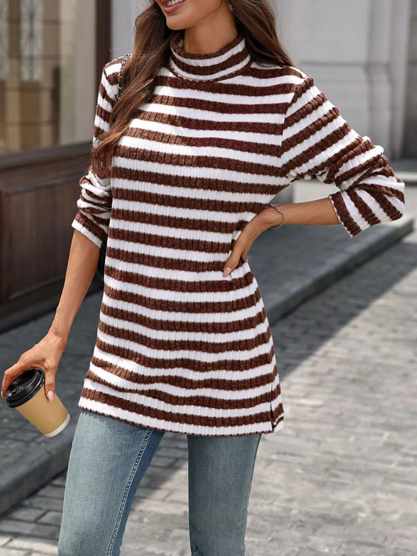 Striped turtleneck long sleeve knit top with high collar, rust and white horizontal stripes