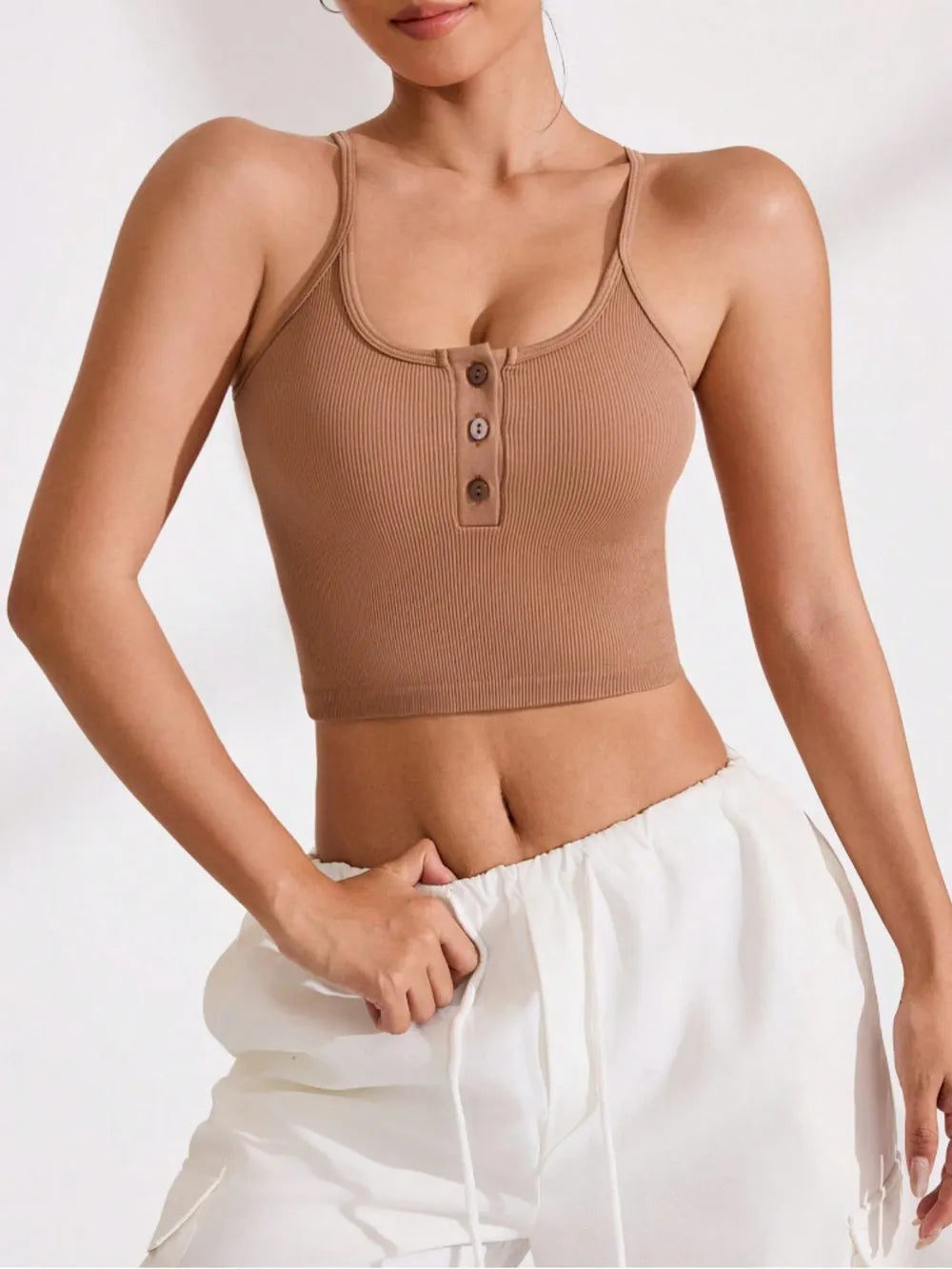 Caramel ribbed cropped cami with front half-button placket and scoop neckline