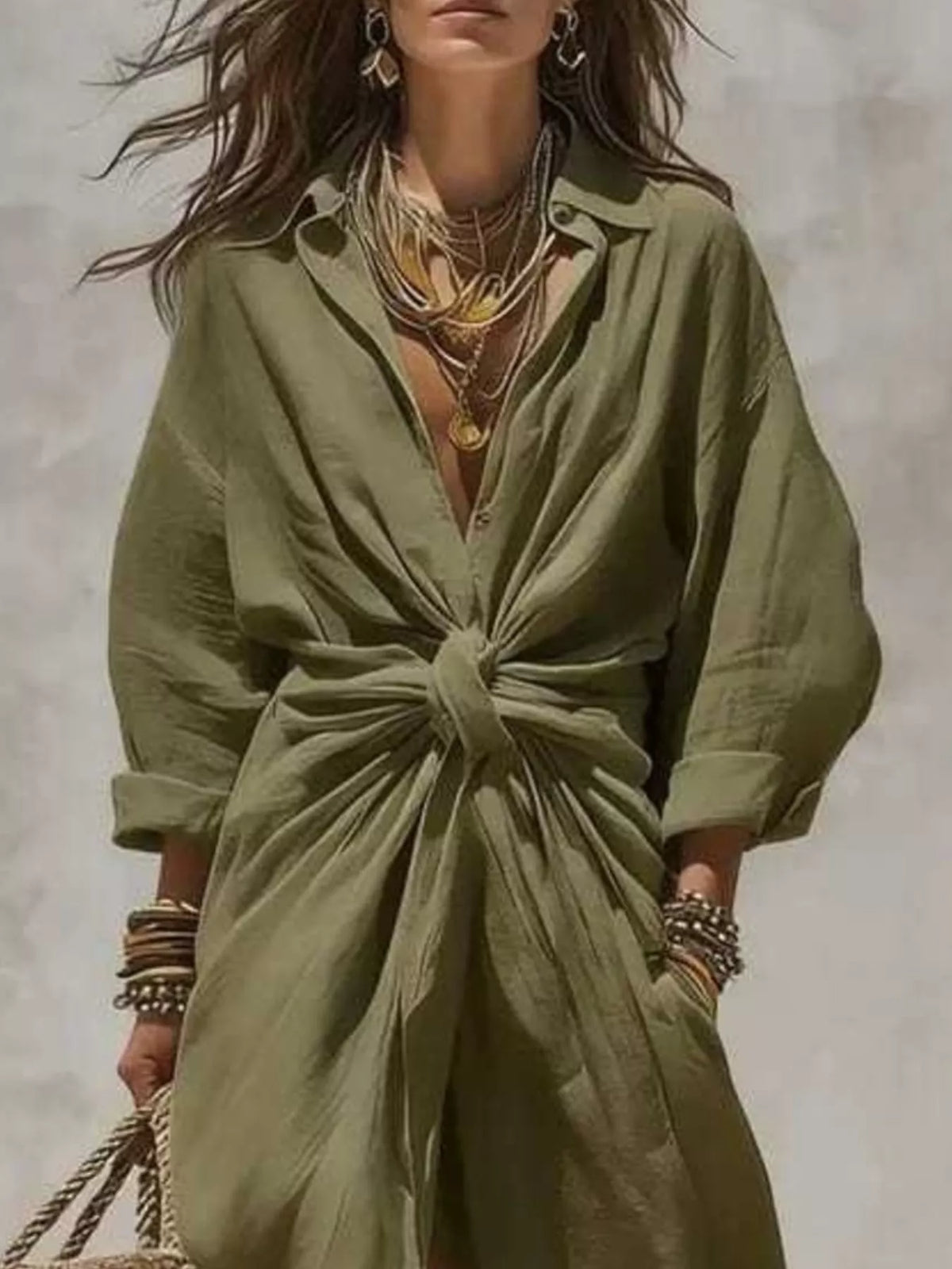 Green linen-blend maxi dress with gathered front knot tie, V-neck, long sleeves