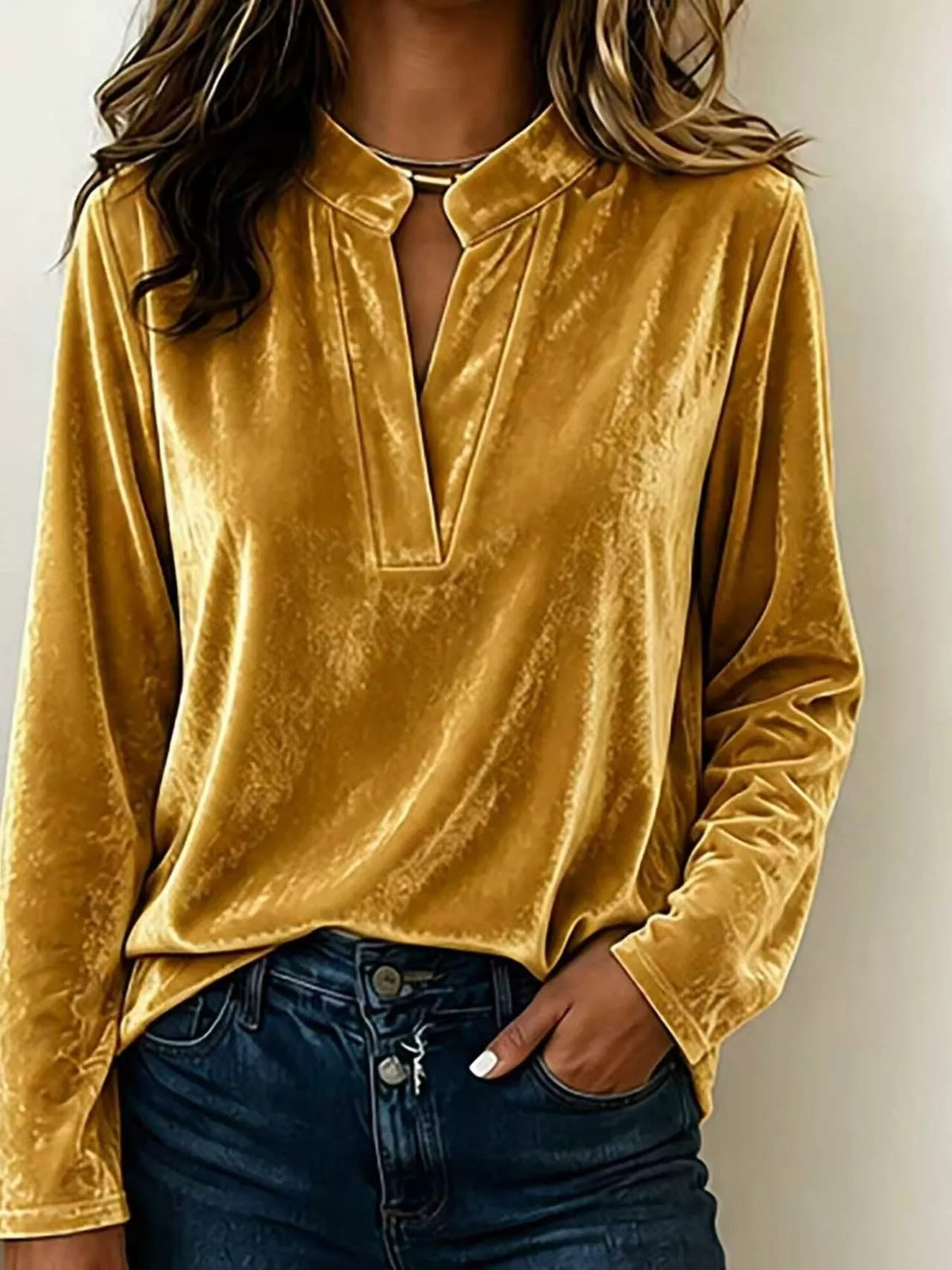 Gold velvet long-sleeve blouse with notched collar and V-slit neckline