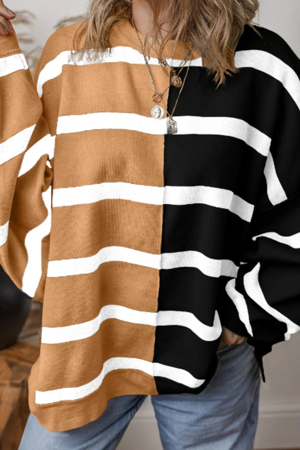 Contrast striped long sleeve sweatshirt in tan and black with white wide stripe bands