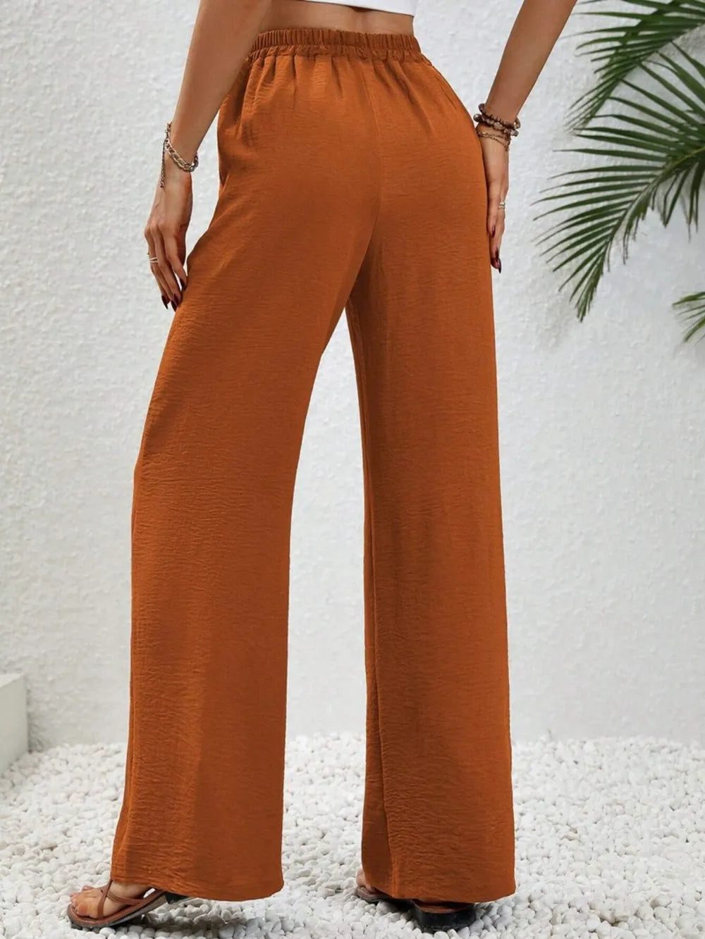 Caramel wide-leg drawstring pants with relaxed straight legs